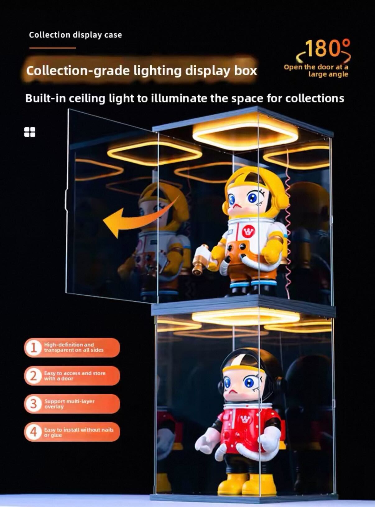 Dust-Proof Cover with Door for custom figure, Light Storage Box, Figurine Building Blocks, Bear, Stackable Acrylic Display Box