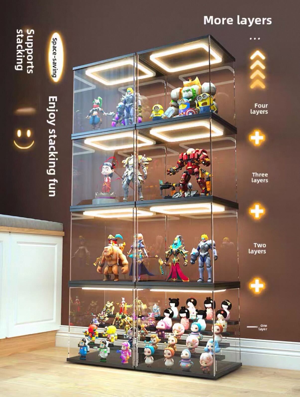 Dust-Proof Cover with Door for custom figure, Light Storage Box, Figurine Building Blocks, Bear, Stackable Acrylic Display Box