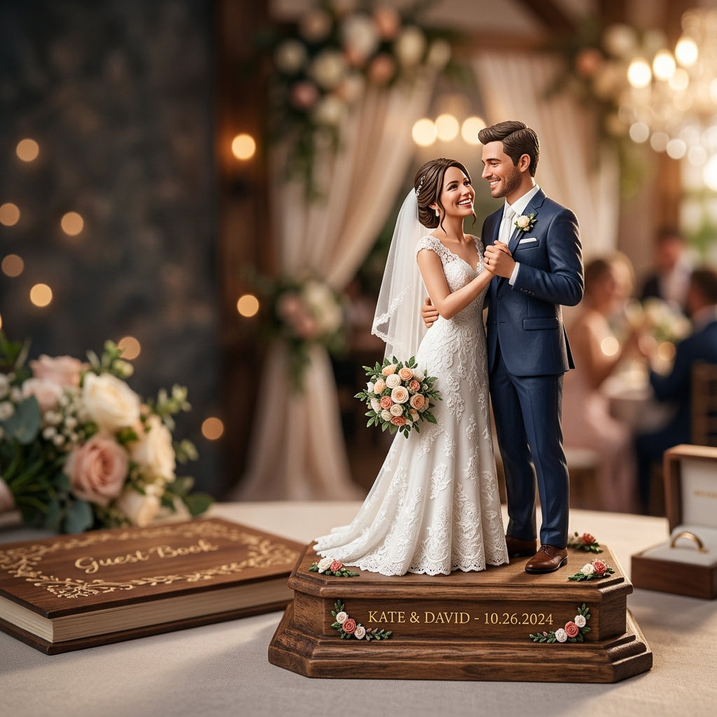 A custom 3D figurine of a bride and groom in wedding attire, standing on a white base, hand-painted and detailed.