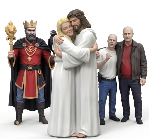 A custom 3D figurine of a bride and groom in wedding attire, standing on a white base, hand-painted and detailed.